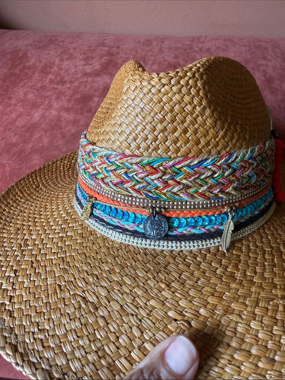 Women’s Straw Fedora Hat with Colorful Braided Band - Tan - Picture 4 of 7